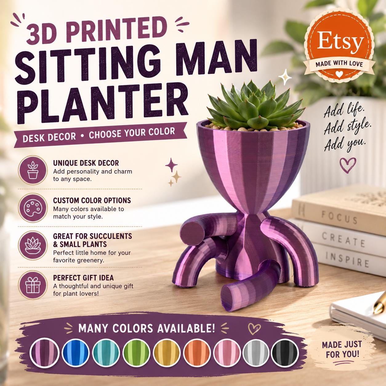3D Printed Sitting Man Planter: Desk Decor, Choose Your Color