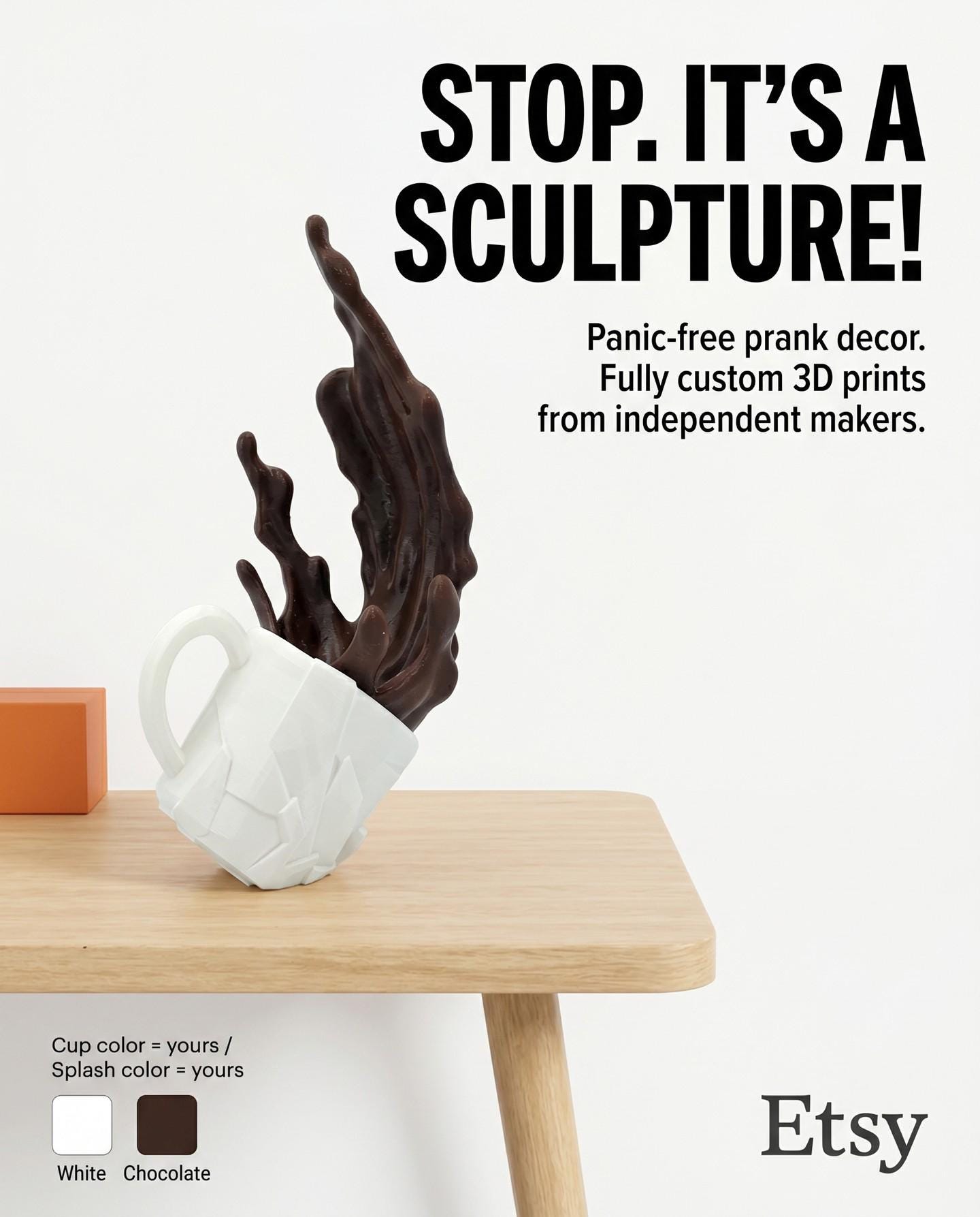 Falling Cup Spill Sculpture: Coffee, juice, Milk, or ETC. 3D Printed