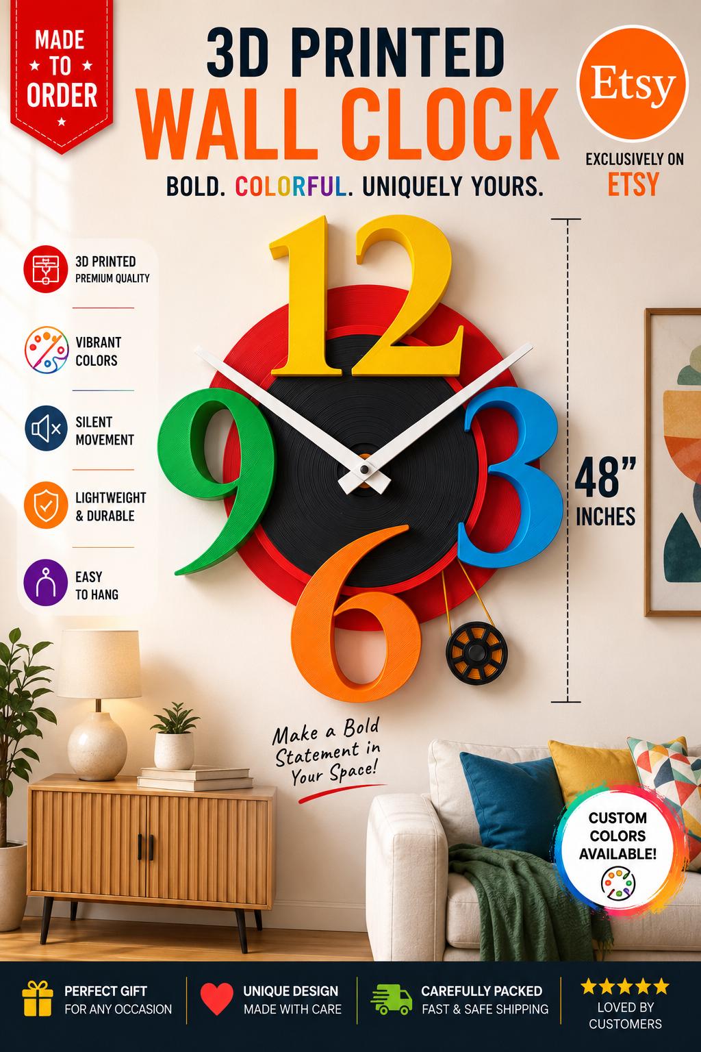 Massive 3D Printed Big Number Wall Clock: Colorful Modern Decor 48 inches