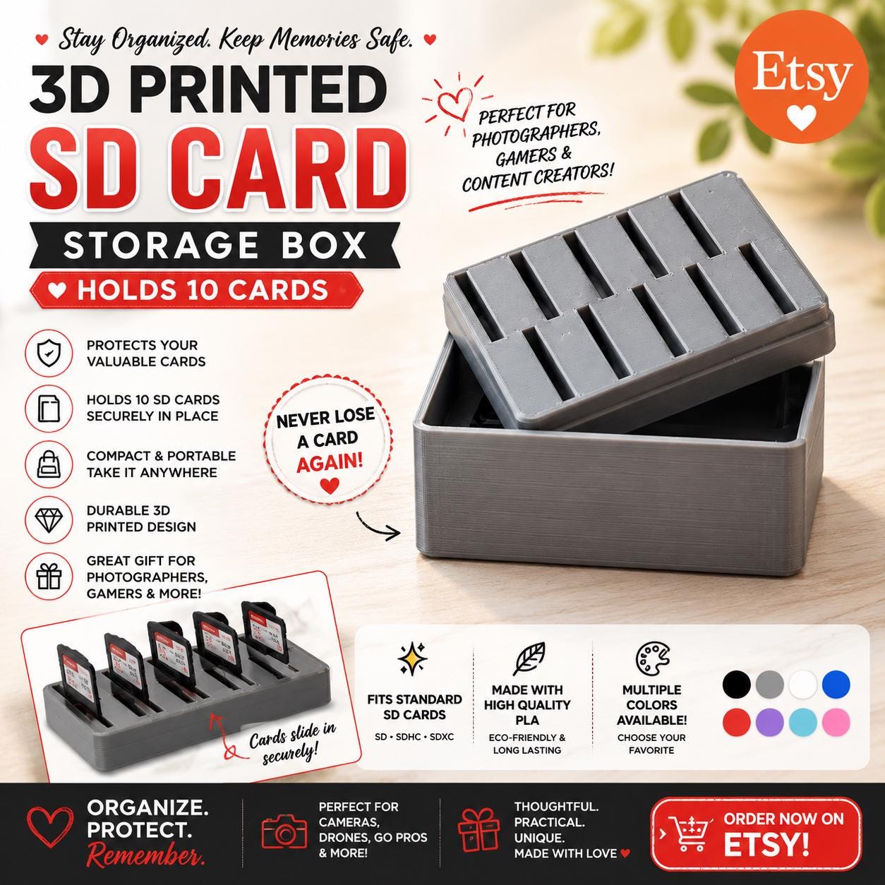 3D Printed SD Card Storage Box - Holds 10 Cards