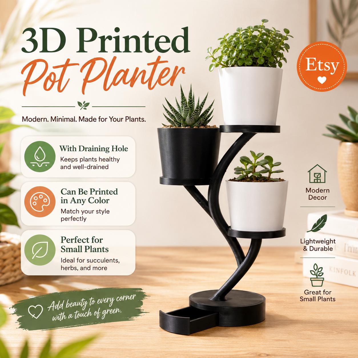 3D Printed 3 Pot Planter Set: Draining System & Tray