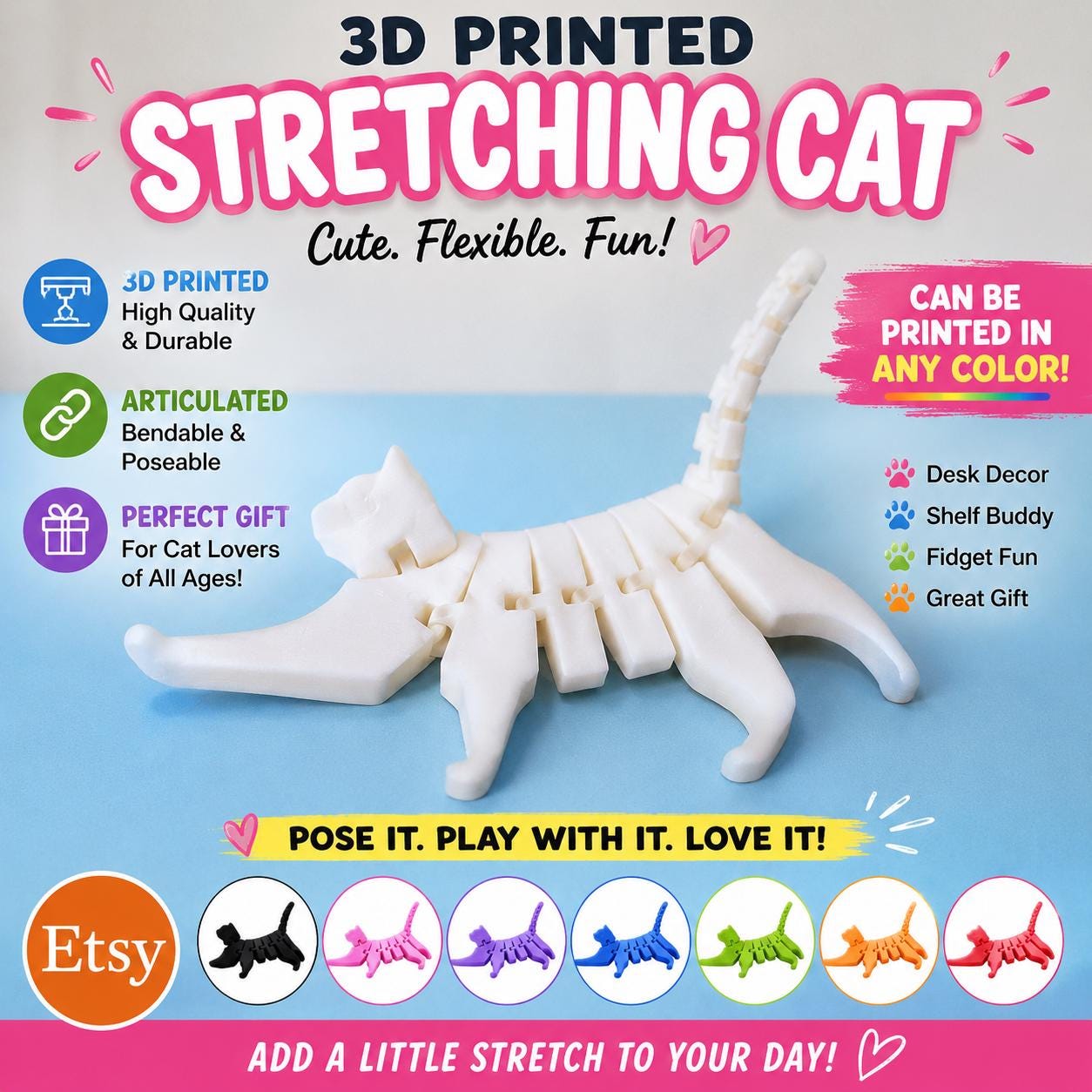 3D Printed Fidget Cat: Articulating Stim Toy, Choose Your Color