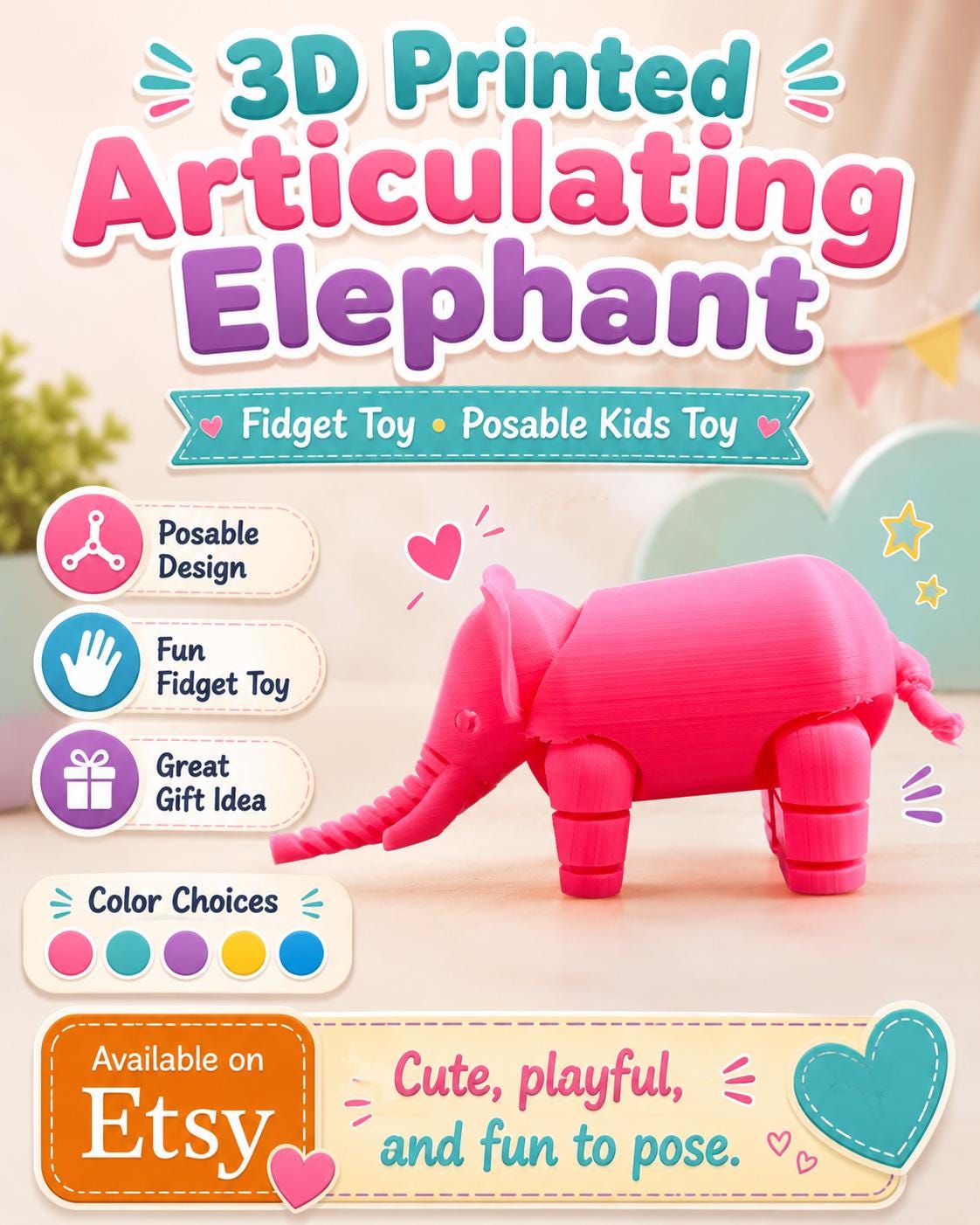 3D Printed Articulating Elephant Fidget Toy - Posable Kids Toy