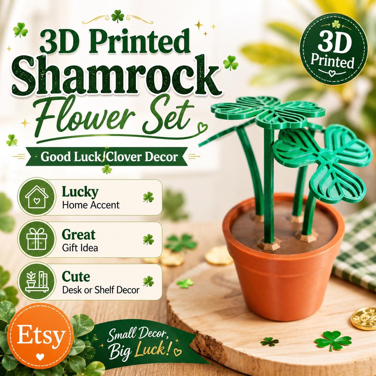 3D Printed Shamrock Flower Set: Good Luck Clover Decor
