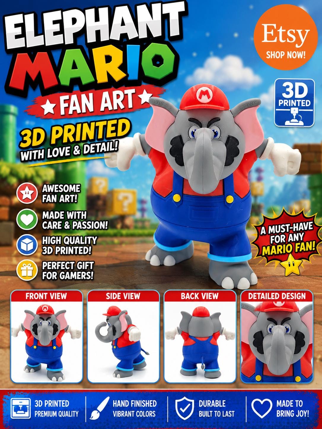 3D Printed Elephant Mario Figurine: Custom Fan Art Collectible