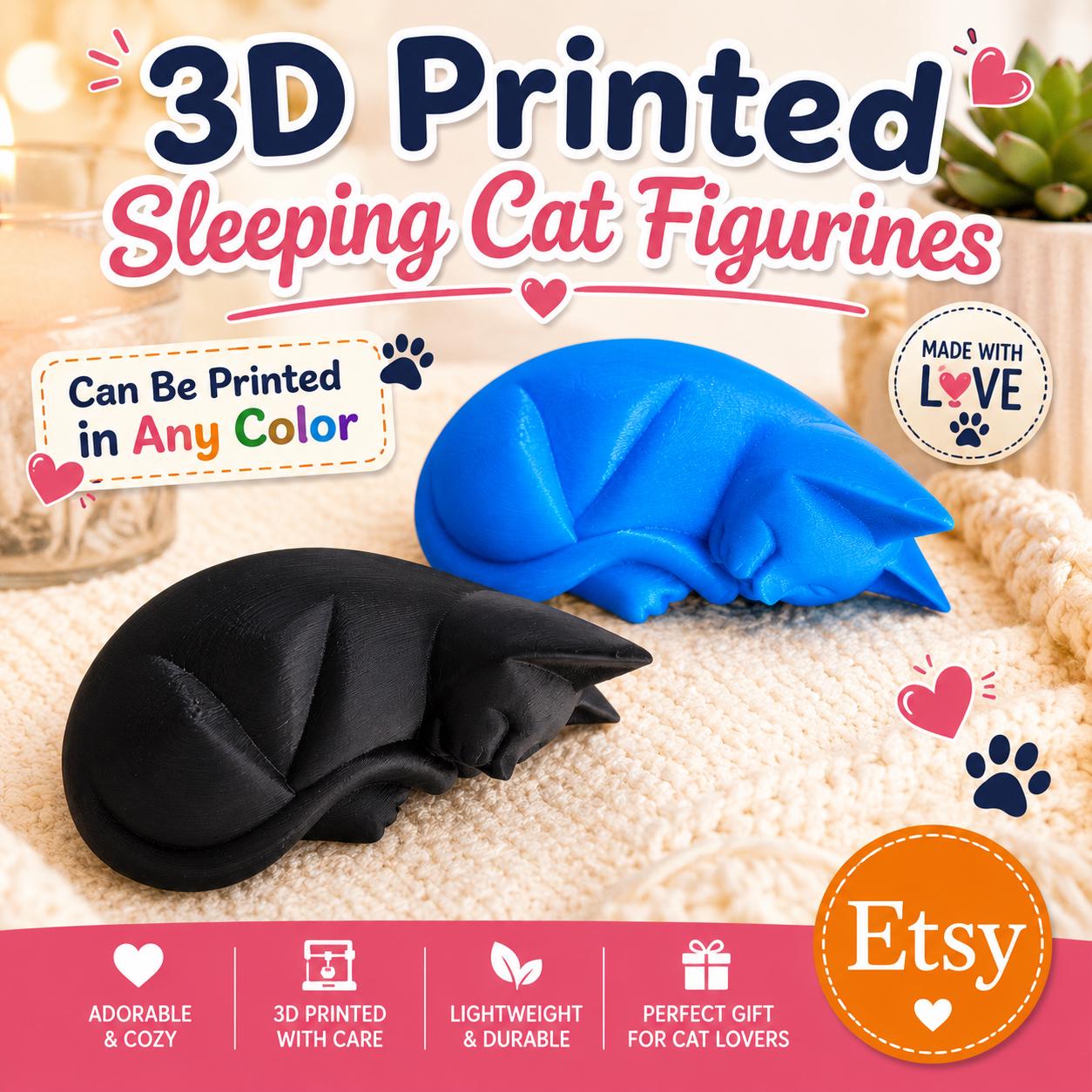 3D Printed Sleeping Cat Figurines – Set of 2, PLA Decor