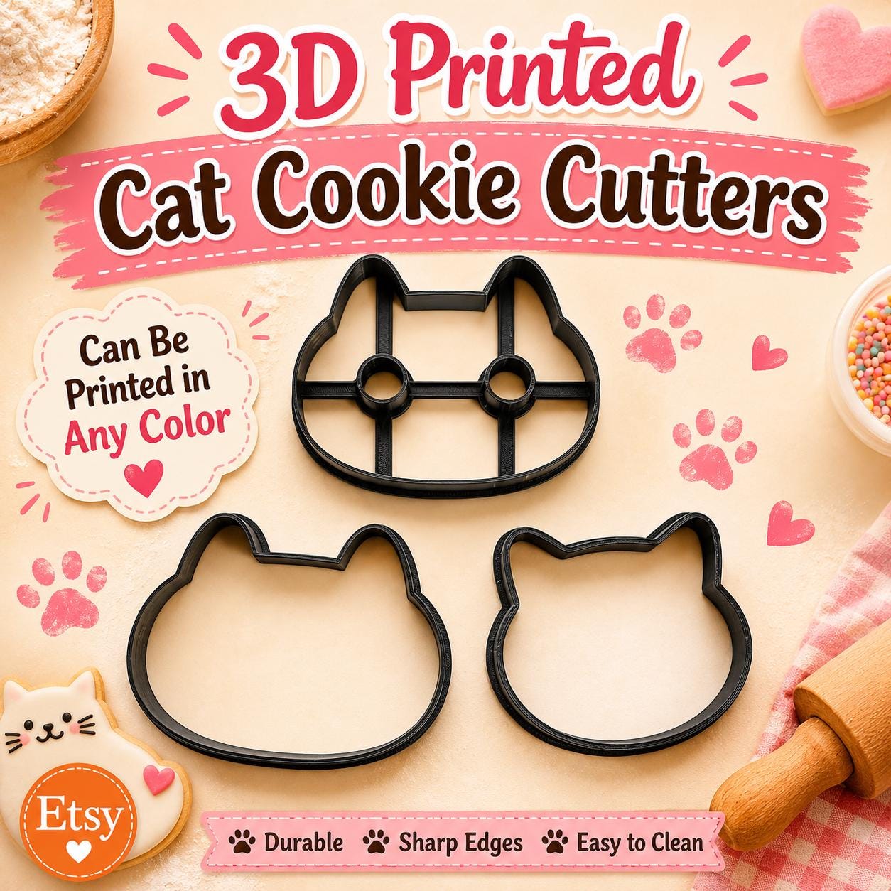 3pc Cat Cookie Cutter Set: 3D Printed PLA, Customizable