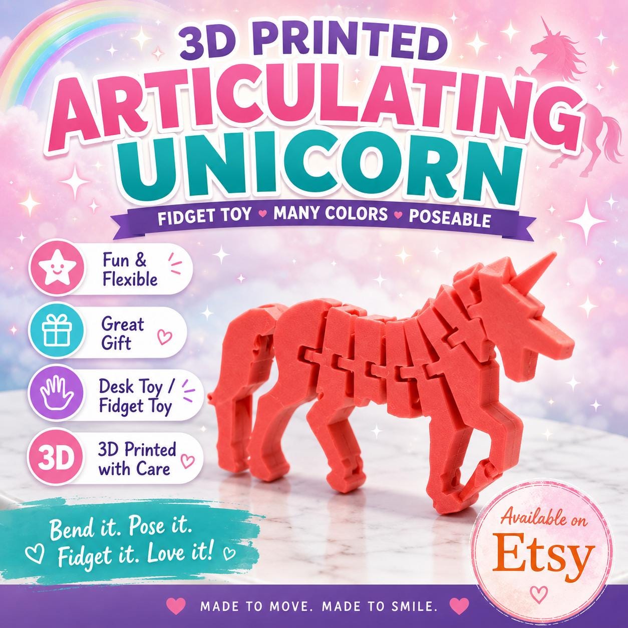 3D Printed Articulating Unicorn Fidget Toy - Many Colors, Poseable