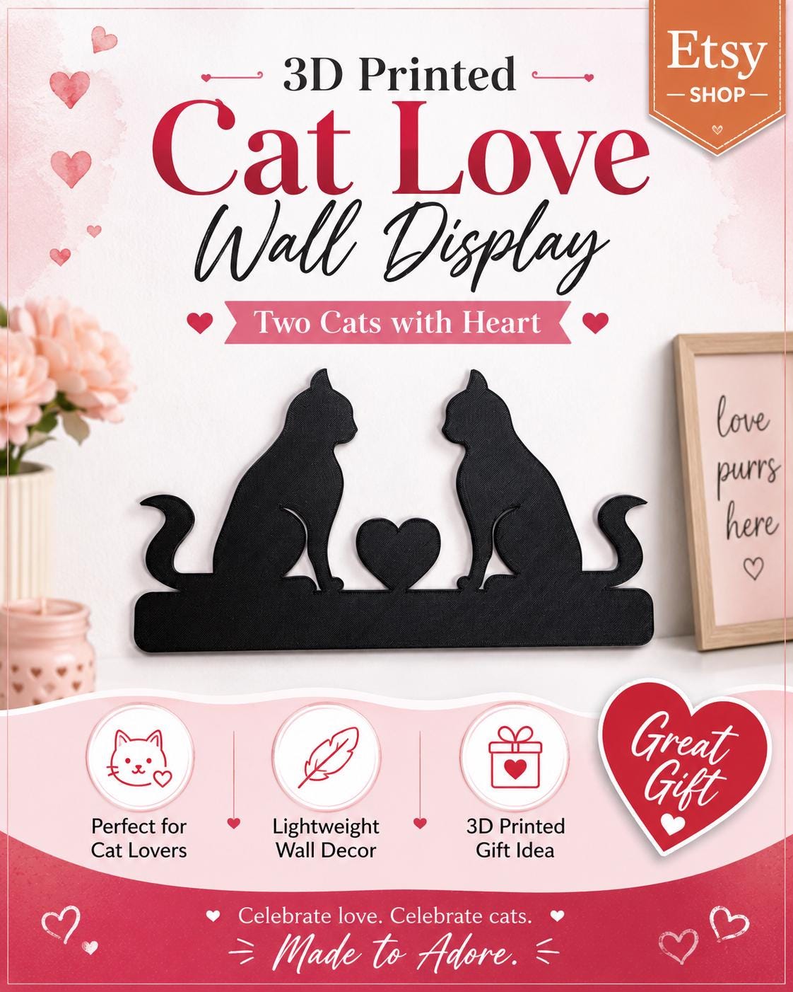 3D Printed Cat Love Wall Display: Two Cats with Heart