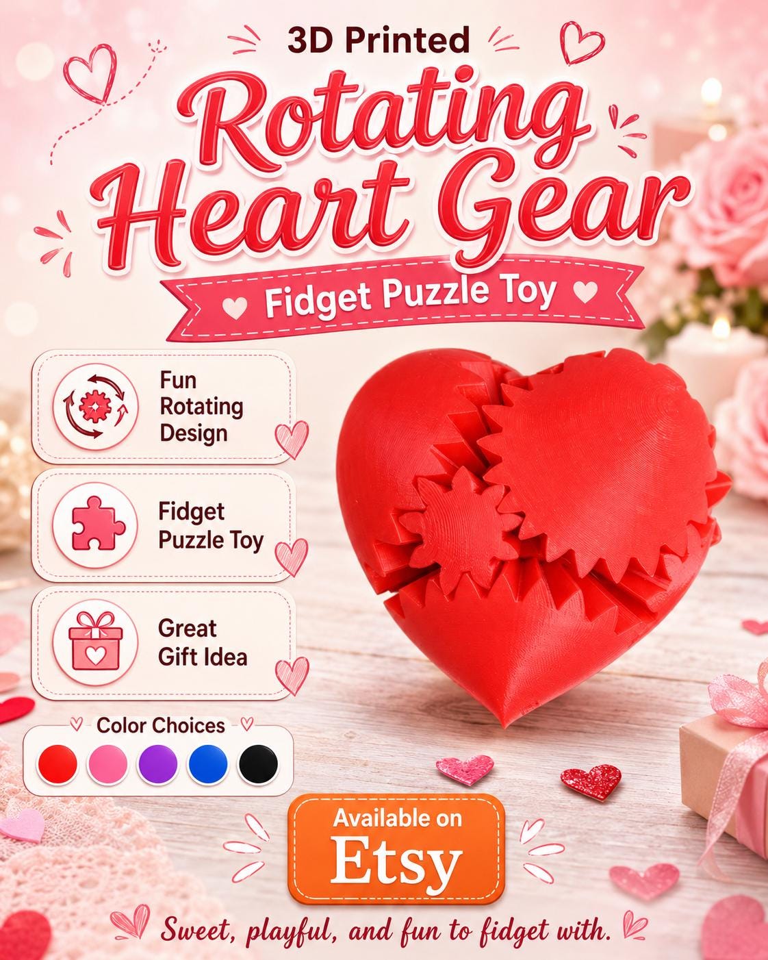3D Printed Rotating Heart Gear: Fidget Puzzle Toy