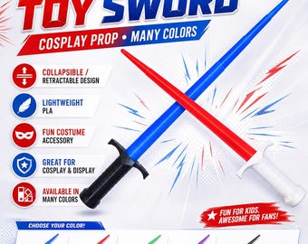 3D Printed Collapsible Toy Sword: Cosplay Prop, Many Colors