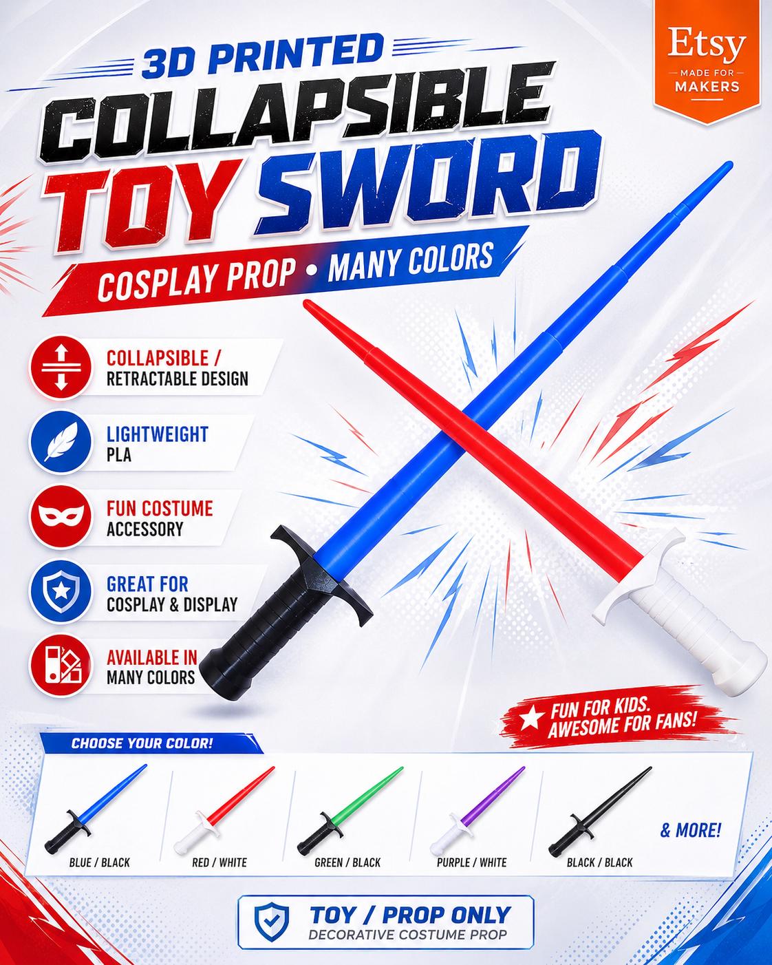 3D Printed Collapsible Toy Sword: Cosplay Prop, Many Colors