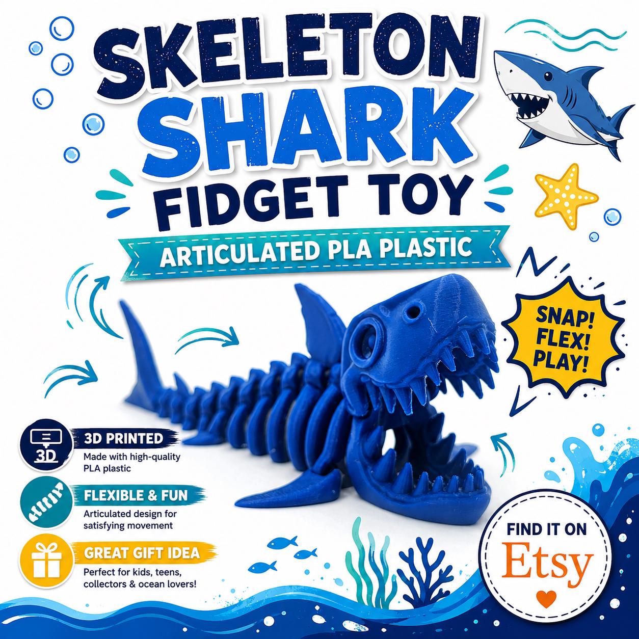 3D Printed Skeleton Shark Fidget Toy - Articulated PLA Plastic