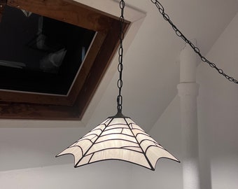PREORDER Handmade Stained Glass Spider Web Hanging Lamp, Plug in Pendant Light