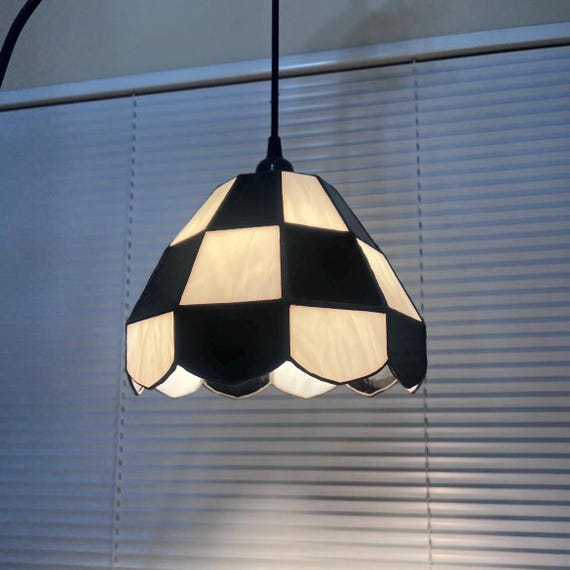 Stained Glass Lamp | Handmade Plug-In Checkered Pendant Light