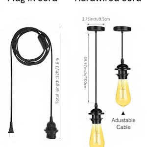 Peut inclure: Deux options de cordon de suspension noirs sont pr&eacute;sent&eacute;es. L'une est un cordon &agrave; brancher d'une longueur totale de 3,6 m. L'autre est un cordon c&acirc;bl&eacute; avec une chute de 100 cm et un c&acirc;ble r&eacute;glable. Le texte &laquo; Plug in cord &raquo; et &laquo; Hardwired cord &raquo; est inclus.
