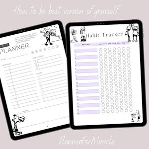 Puede incluir: Un planificador digital con un personaje de dibujos animados en blanco y negro en la portada. El planificador incluye una sección de planificador diario y una sección de seguimiento de hábitos. El texto "How to be best version of yourself" está en la parte superior del planificador.