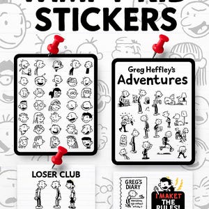 以下が含まれることがあります： キャラクターとシーンの白黒イラストが特徴の、Wimpy Kidステッカーのコレクションです。画像には「WIMPY KID STICKERS」、「Greg Heffley's Adventures」、および「LOSER CLUB」というテキストが含まれています。