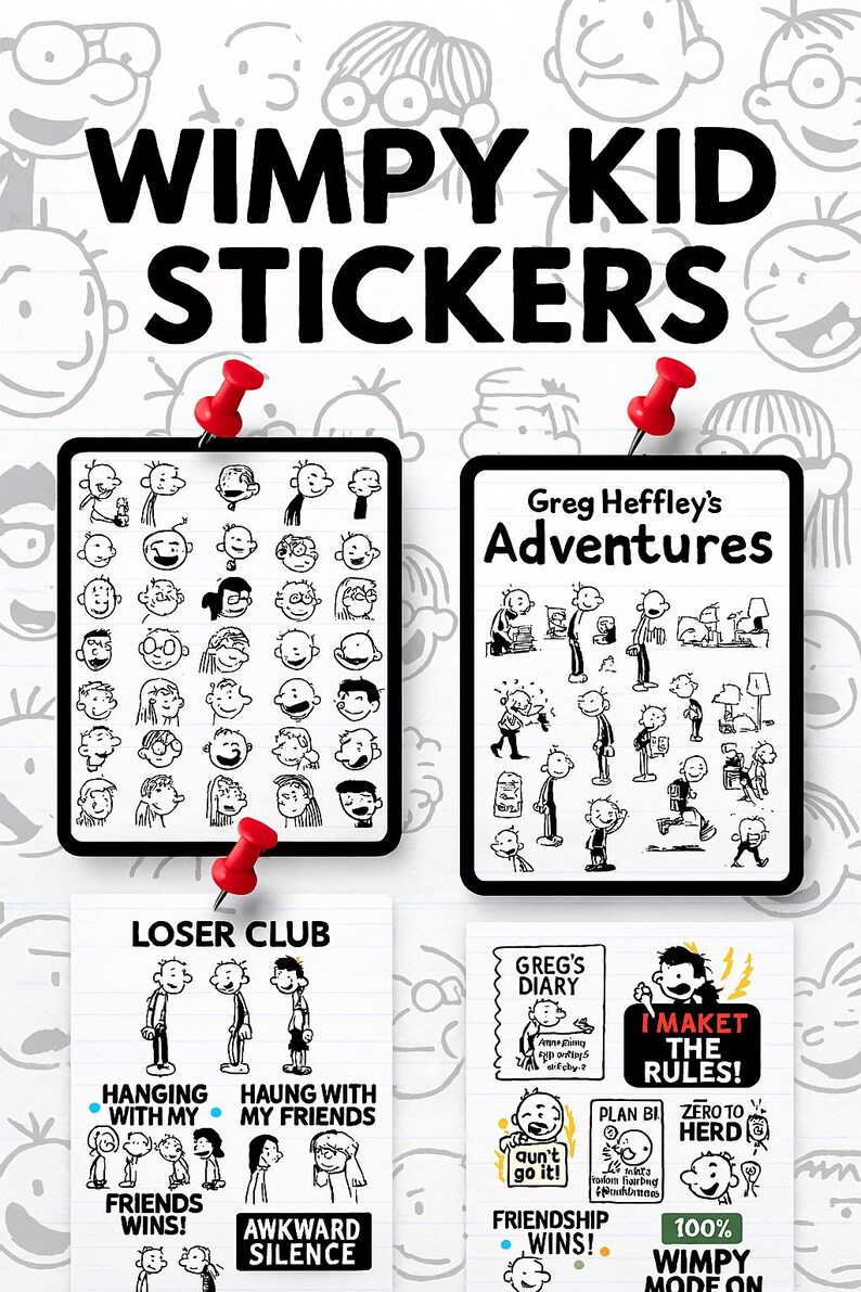以下が含まれることがあります： キャラクターとシーンの白黒イラストが特徴の、Wimpy Kidステッカーのコレクションです。画像には「WIMPY KID STICKERS」、「Greg Heffley's Adventures」、および「LOSER CLUB」というテキストが含まれています。