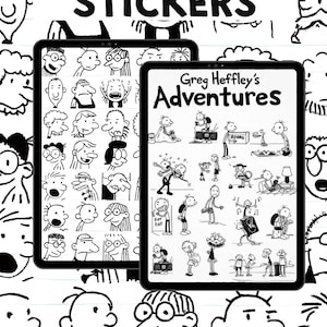 May include: Black and white "Wimpy Kid Stickers" design. Two tablets display cartoon illustrations of characters and scenes from the "Diary of a Wimpy Kid" series. The background features additional cartoon faces.