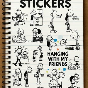 以下が含まれることがあります： 「Wimpy Kid」シリーズのキャラクターの白黒イラストが描かれた、スパイラル綴じのノート。ノートには「WIMPY KID STICKERS」というタイトルと、イラストの下に「HANGING WITH MY FRIENDS」というフレーズが書かれています。