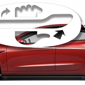 May include: A red Tesla Model 3 with a white outline showing how to open the gas cap. The gas cap is located on the driver's side rear door.
