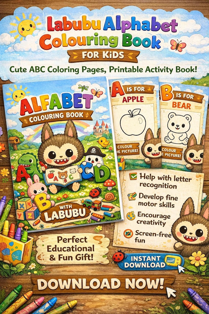 Labubu Alphabet Coloring Book for Kids – ABC Illustrations (PDF Pattern ...