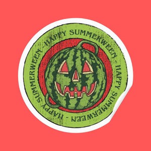 May include: A green watermelon with a carved jack-o'-lantern face. The watermelon is surrounded by a white circle with the text "Happy Summerween - Happy Summerween" in a distressed font.