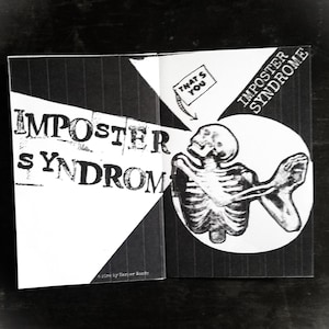 May include: Black and white illustration of a skeleton with the text "Imposter Syndrome" and a speech bubble that says "That's You".