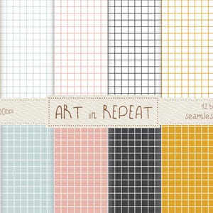 Peut inclure: Plusieurs motifs sans couture avec des grilles de couleurs variées, dont du jaune, du rose et du bleu. Les motifs mesurent 30,48 cm par 30,48 cm. Le texte "ART in REPEAT" est visible, et l'image indique des JPG à 300 DPI.