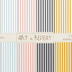 May include: A selection of seamless patterns featuring vertical stripes in shades of gold, pink, grey, and blue. The image displays the text "ART in REPEAT" and "12 by 12 inches seamless patterns". The patterns are in JPG format at 300 dpi.