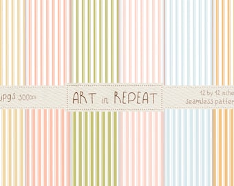 May include: A collection of seamless patterns with vertical stripes in various pastel colors, including pink, green, blue, and yellow. The image includes the text "ART in REPEAT" and "12 by 12 inches seamless patterns". The patterns are in JPG format at 300 DPI.