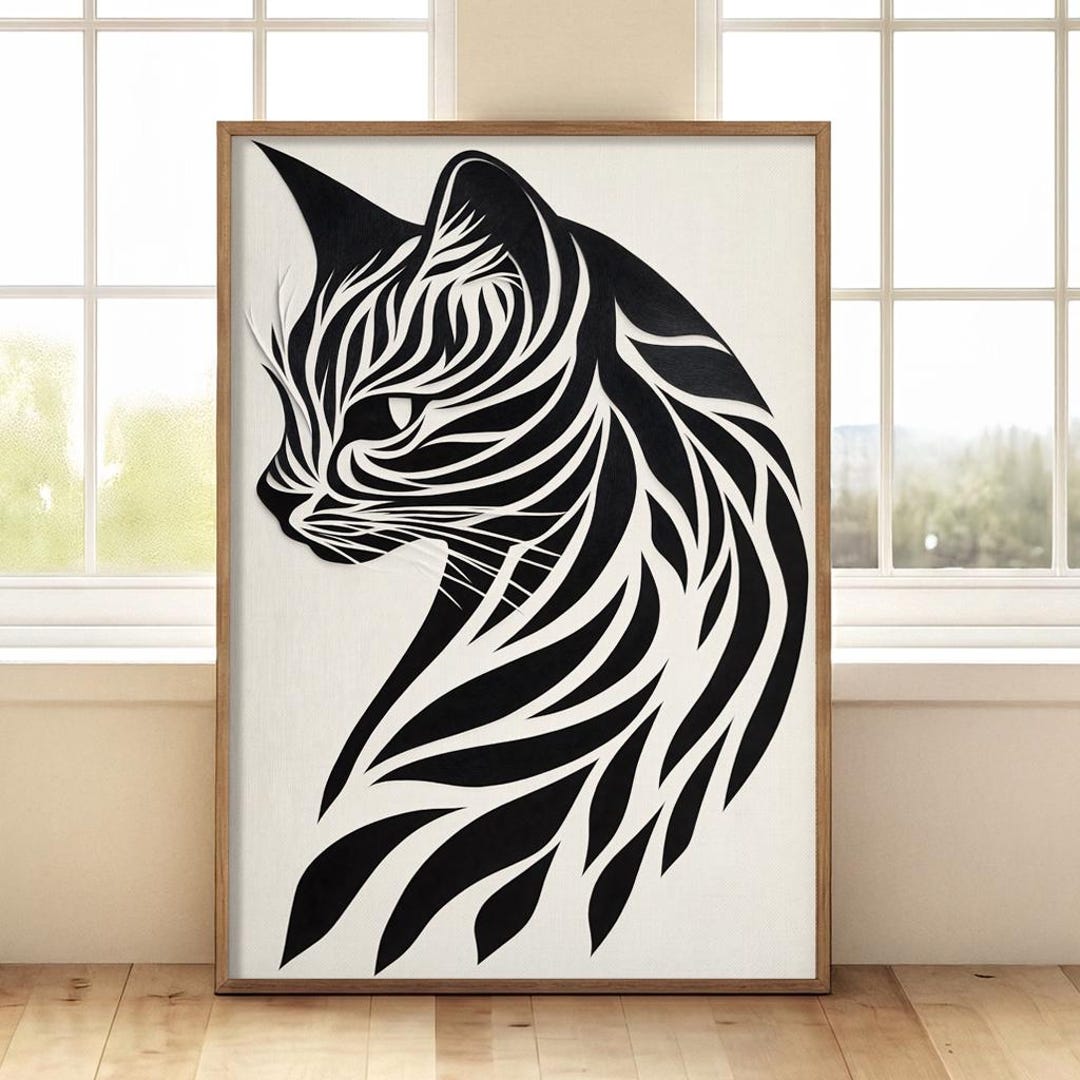 Abstract Cat Wall Art | Black White Feline Print | Modern Minimalist ...