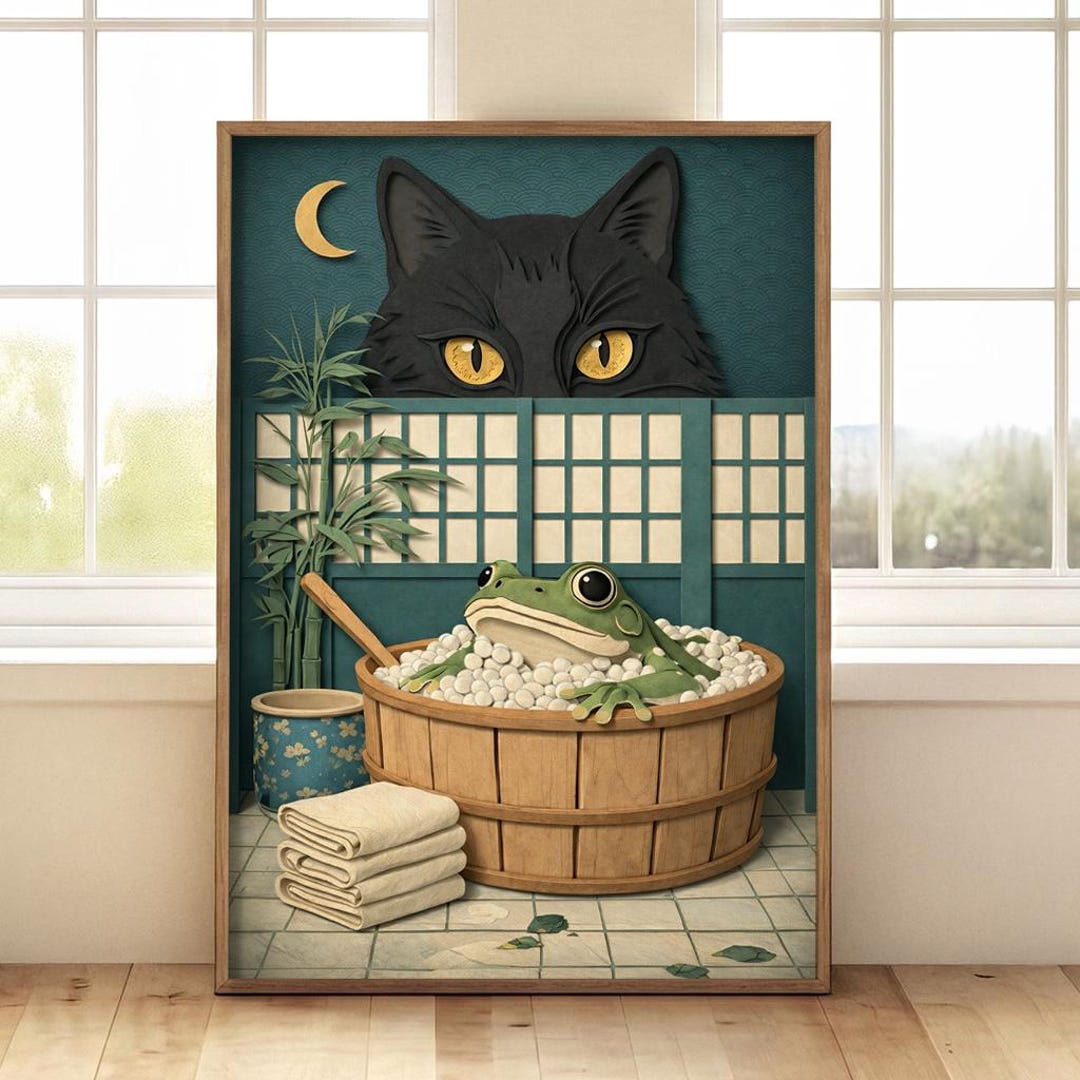 Whimsical Black Cat Frog Bath Art Print | Japanese Zen Spa Decor Poster ...