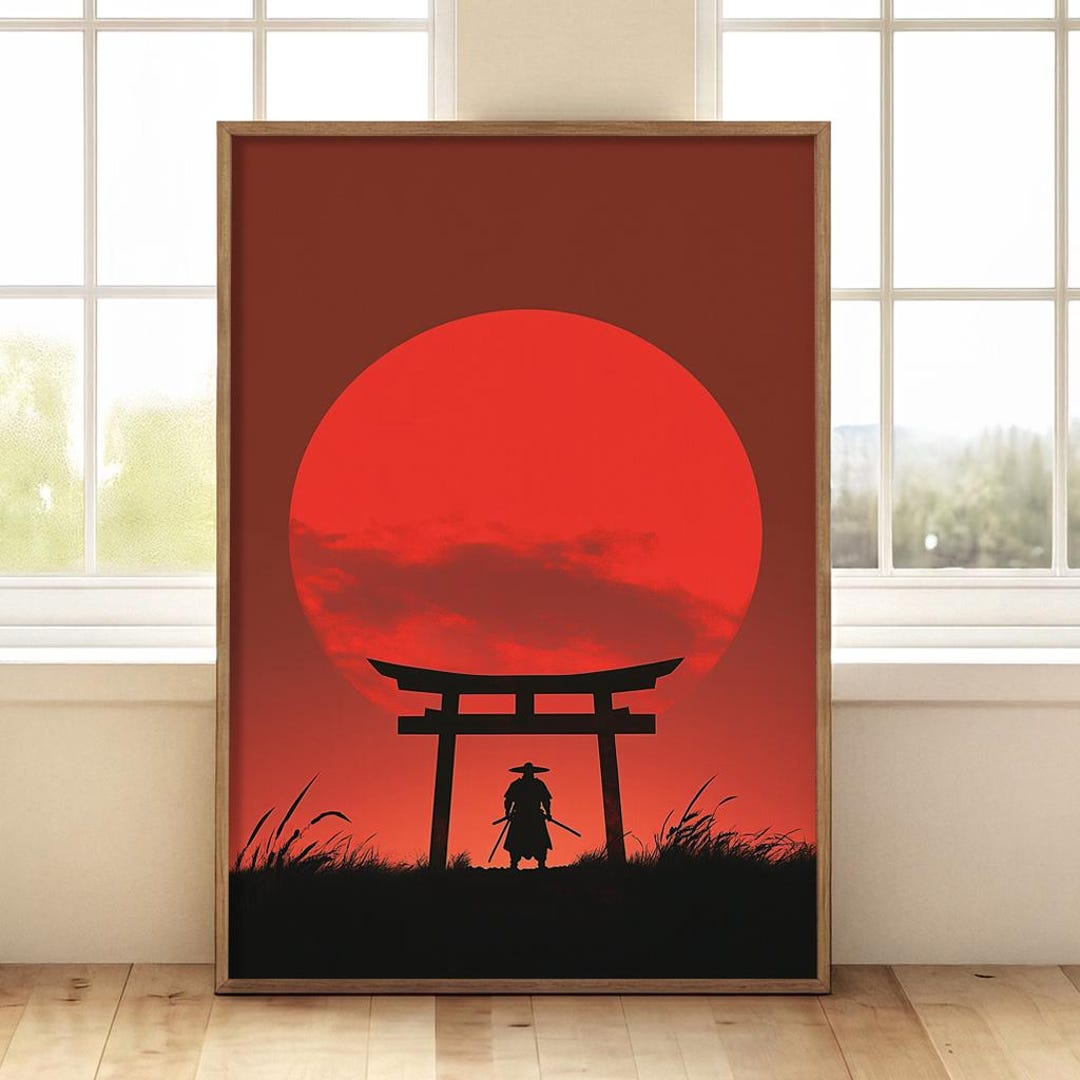 Samurai Torii Gate Print | Japanese Sunset Wall Art | Red Sun Warrior ...