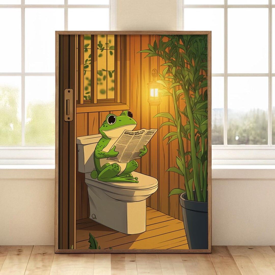 Whimsical Frog Reading Toilet Art Print - Charming & Humorous Wall ...