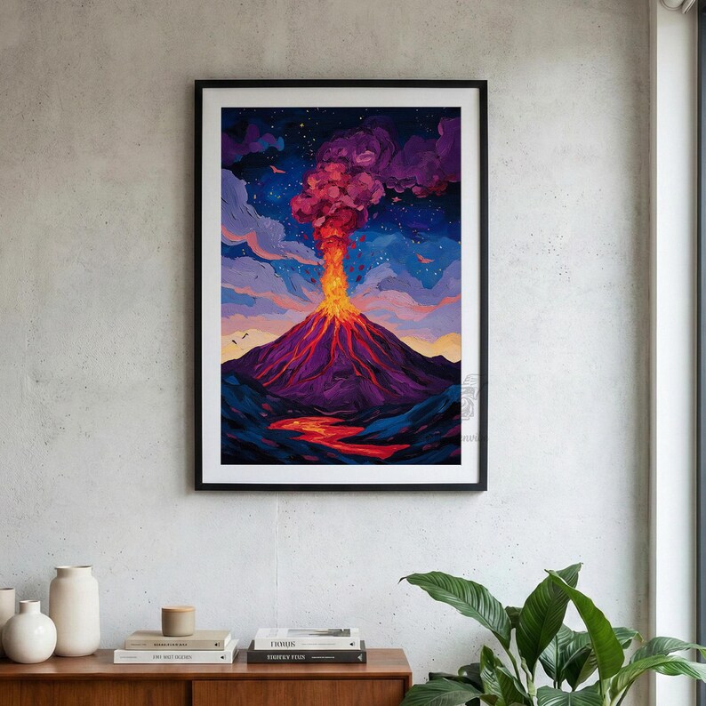 Vibrant Volcano Eruption Art Print | Dramatic Impasto Lava Flow ...