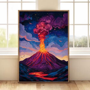 May include: A framed painting depicts a vibrant volcano erupting. The artwork features a purple volcano with orange lava flowing into a red river. The sky is a mix of blue, purple, and pink, with white clouds and a starry night.