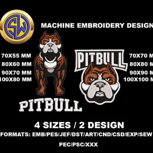 May include: Machine embroidery design of a brown and white pitbull in two styles: one with the dog standing and the other with the dog's head only. The design is available in four sizes: 70x55 mm, 80x60 mm, 90x70 mm, and 100x80 mm. The text "PITBULL" is included in the design. The design is available in multiple formats: EMB, PES, JEF, DST, ART, CND, CSD, EXP, SEW, PEC, PSC, and XXX.