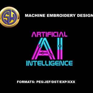 Puede incluir: Diseño de bordado a máquina de las palabras "Inteligencia Artificial" con la letra "A" en un estilo de placa de circuito, en rosa y azul.