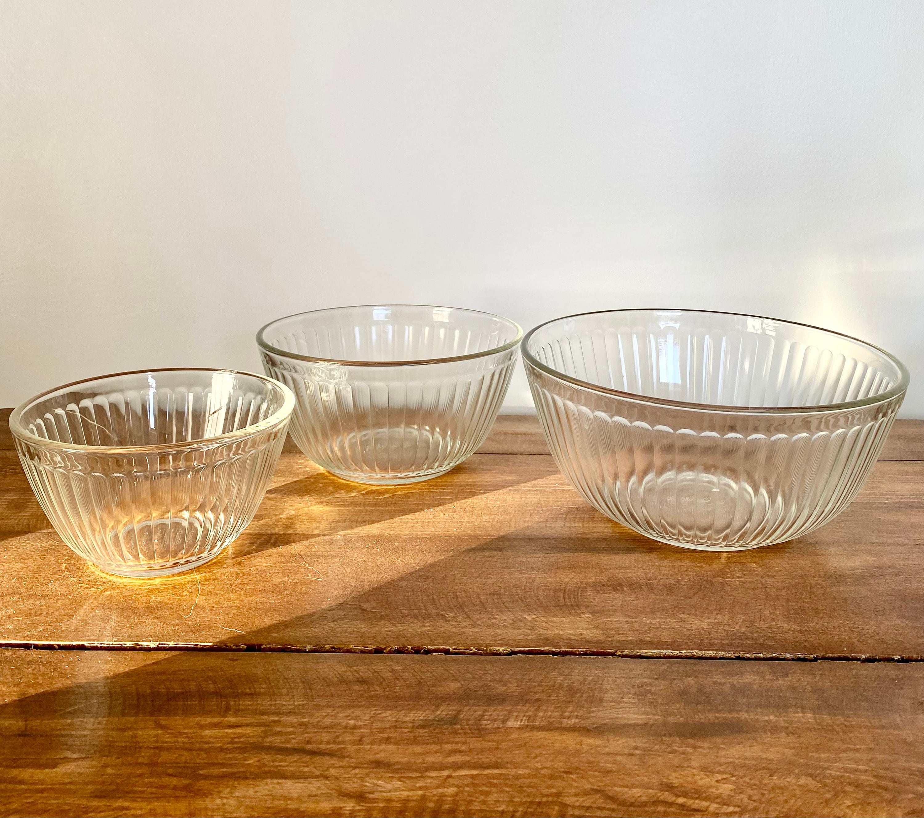 Vintage Ribbed Glass Mixing Bowl Stackable Set by Pyrex