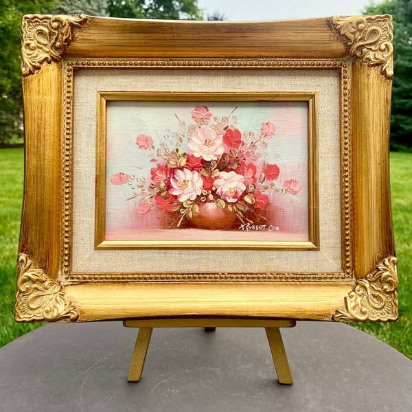 Original oil painting by Robert Cox, still life pink rose bouquet in gilded frame