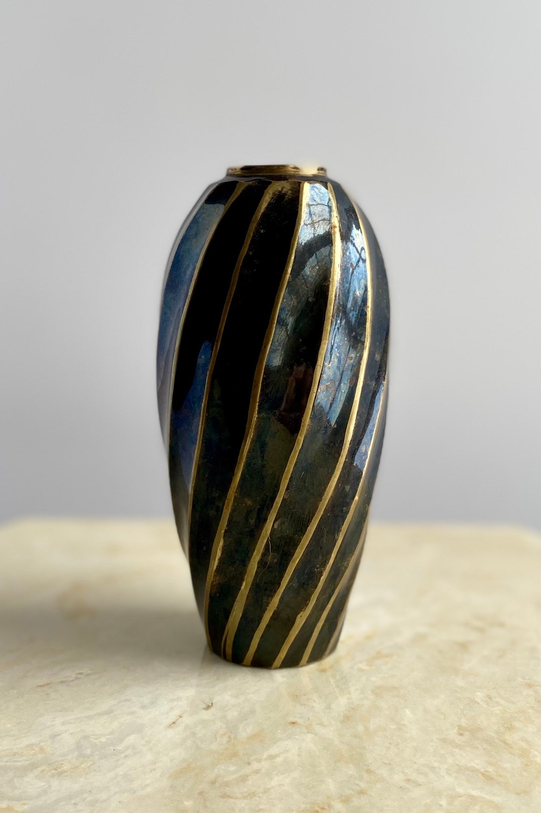 Fluted Brass Small Vase, Black and Gold Bud Vase, Solid Brass Small