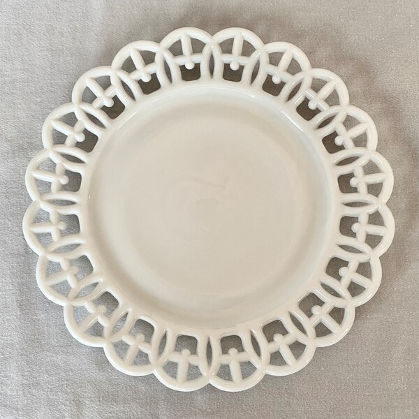 Milk glass small reticulated salad plate wicker border