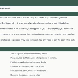 May include: A digital workbook instruction page with a dark green header titled How to Use This Workbook. It lists five steps for getting started and a What's Inside section detailing categories like Dashboard, Identity, Insurance, Medical, and Finance.
