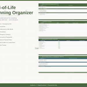 Op de afbeelding: Een End-of-Life Planning Organizer met een groen en wit ontwerp. De planner bevat secties voor noodinformatie, juridische documenten, financiële rekeningen, medische richtlijnen en laatste wensen. De tekst luidt: "Een complete, begeleide planner voor alles wat uw dierbaren nodig hebben - alles op één plek."