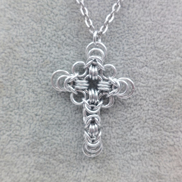 18 Inch Byzantine Cross Pendant Necklace Chainmaille Silvertone Silver Plated Lobster Clasp Gift For Mom, Gift for Her Artisan Made