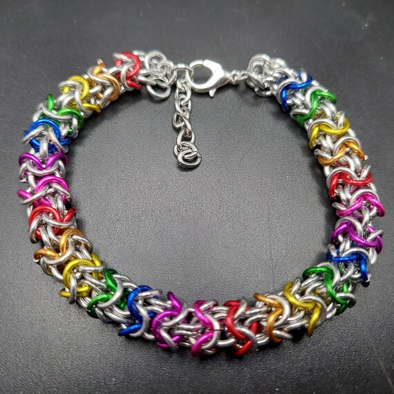 7 1/2-8 1/2 Turkish Round Weave Chainmaille Various Colors Including Rainbow Pride with Silvertone Unisex Design Gift Idea Lightweight