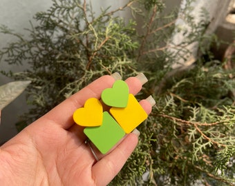 Summer Love: Yellow and Green Pastel Heart-Shaped Earrings| Whimsical Accessories |Playful Pop of Color