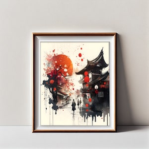 Japanese Asia Old Town , Digital Download, Old Building and Landscape with Watersplash & Watercolor Digital Download